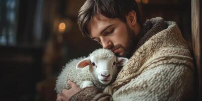 Gentleman holding a lamb while enjoying a quiet moment in a cozy rustic setting during the evening photo