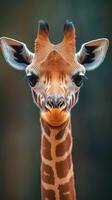 Majestic giraffe close-up showcases beautiful features in a serene natural setting during golden hour photo