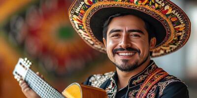 Smiling musician in traditional attire plays guitar in vibrant cultural setting during a festive celebration photo