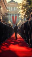 Crowd of people lining a red carpet as a man walks toward a grand building during an outdoor event at sunset photo