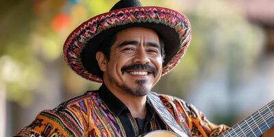 Smiling musician wearing traditional attire and playing guitar during festive celebration in bright outdoor setting photo