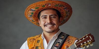 sonriente músico en tradicional atuendo sostiene guitarra, exhibiendo regional cultura y festivo espíritu foto