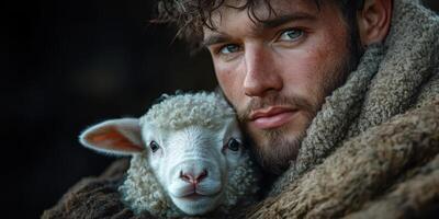 Young man wrapped in warm fabric holds a lamb close, captured in a rustic setting during golden hour photo