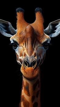 Close-up portrait of a majestic giraffe against a black background, showcasing distinctive facial features and textures photo