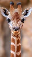 Giraffe portrait showcasing its distinctive features and unique expression in a natural setting during daylight photo