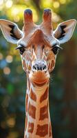 Giraffe stands tall and elegant in lush green surroundings during a sunny day at the wildlife reserve photo