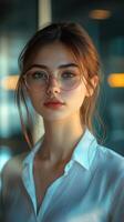 Young woman with glasses in modern office setting during daylight hours photo