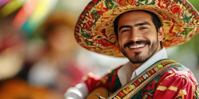Smiling musician wears traditional attire and sombrero while playing guitar at cultural festival photo
