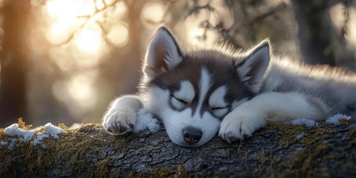 Sleepy husky puppy resting on a tree log in a winter forest during the golden hour photo