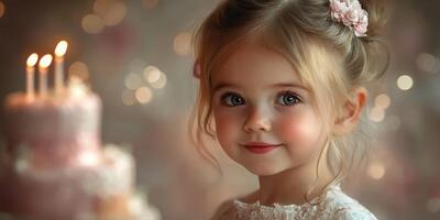 dulce niña sonriente a un cumpleaños celebracion con centelleo luces y un hermosa pastel en el antecedentes foto