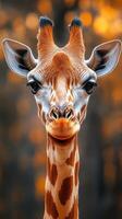 Giraffe standing tall with a serene expression against a blurred warm background in a wildlife setting photo