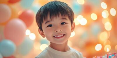 Joyful child celebrating birthday with cake and colorful balloons in a festive atmosphere photo