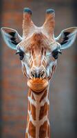 Giraffe stands gracefully in front of a blurred background showcasing its unique patterns and features photo