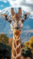 Majestic giraffe stands tall in front of a snow-capped mountain on a sunny day photo