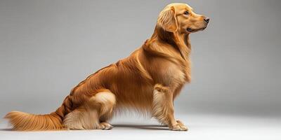 Golden retriever sitting elegantly against a neutral background while maintaining a poised posture photo