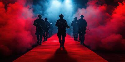 Soldiers march through smoke on a red carpet under dramatic lighting in an intense military display photo