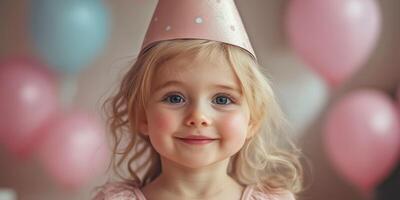 Child celebrating birthday with pink balloons and party hat in cheerful atmosphere photo