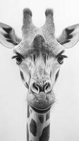 Unique portrait of a giraffe showcasing its distinct features and expressive eyes in black and white photo