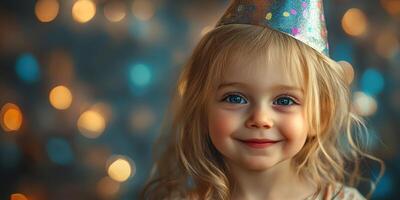 Young child celebrates at a joyful party wearing a colorful party hat with a bright smile during a festive occasion photo