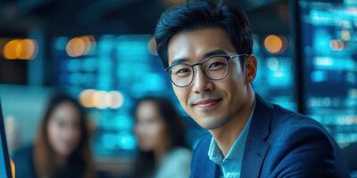 Professional young man smiling at a modern office with computer screens in the background during a busy workday photo
