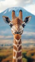 Giraffe portrait with scenic mountain backdrop in a tranquil natural setting during daylight photo