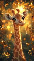 Bright-eyed giraffe amidst golden foliage in a vibrant, enchanting atmosphere photo