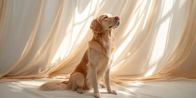 Golden retriever sitting gracefully on soft fabric under warm light in a tranquil indoor setting photo