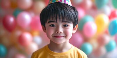 Happy child celebrating with colorful balloons and a party hat in a joyful atmosphere photo