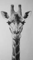 Detailed portrait of a giraffe showcasing distinct features and textures in a realistic black and white drawing photo