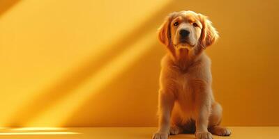 Cute golden retriever puppy poses on vibrant yellow backdrop in soft lighting photo