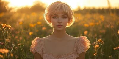 Young woman in a pastel dress posing in a sunlit flower field during golden hour photo