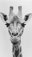 Close-up of a giraffe's face showcasing distinctive features in a natural habitat during daytime photo