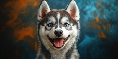 Happy husky puppy with striking blue eyes posing in a colorful background under soft lighting photo