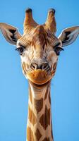 Giraffe with a friendly expression against a clear blue sky in a wildlife reserve photo