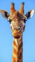 Majestic giraffe stands tall against a clear blue sky in a natural environment during daylight photo
