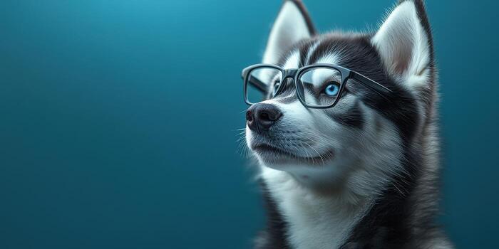 siberiano fornido vistiendo lentes poses en contra un azul antecedentes destacando sus inteligente expresión y juguetón personaje foto