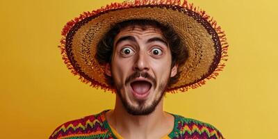 Colorful celebration with a joyful man wearing a straw hat and vibrant clothing against a yellow background photo