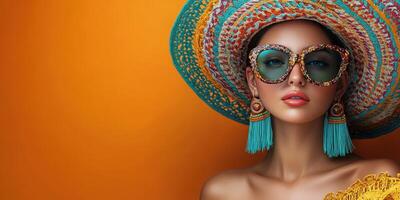 Stylish model wearing a colorful summer hat and oversized sunglasses against a bright orange background photo
