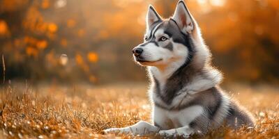 Beautiful husky dog resting in a golden autumn landscape surrounded by colorful leaves during sunset photo