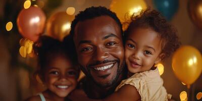 Father joyfully embraces two daughters, celebrating a special occasion with colorful balloons in a warm atmosphere photo