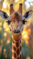 Majestic giraffe gazing directly at the camera in a warm golden light during late afternoon photo