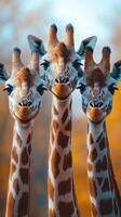 Giraffes posing together against a colorful background in a serene wildlife setting during daylight hours photo