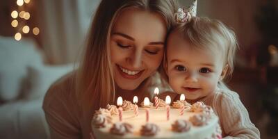 Celebrating a joyful birthday moment with a mother and baby in a cozy setting photo