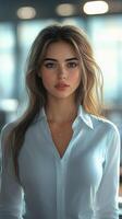 Young woman with long hair wearing a white shirt posing indoors in a modern setting during daylight hours photo