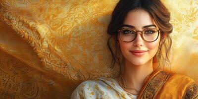 Woman dressed in traditional attire smiles warmly against a rich golden backdrop photo