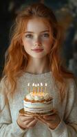 Girl with long red hair holding a birthday cake with lit candles in a cozy indoor setting photo