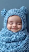 Baby wrapped in soft blue knit blanket with bear ear hat and joyful smile against a calm background photo