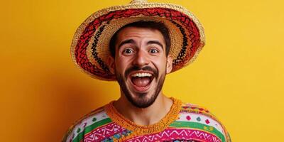 Colorful celebration with a smiling man wearing a traditional hat and vibrant clothing against a yellow background photo