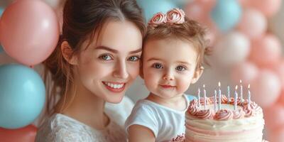 Birthday celebration with mother and daughter holding a cake surrounded by balloons in a cheerful setting photo