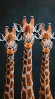 Three giraffes standing close together with distinctive patterns against a dark background photo